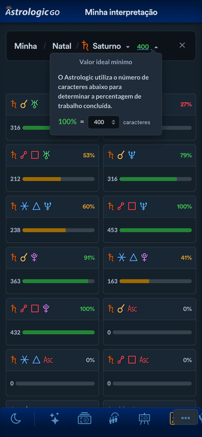 Visualização do status da interpretação por planeta