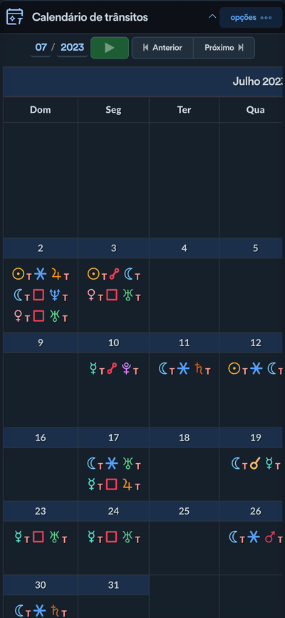 Calendário de trânsitos no espaço