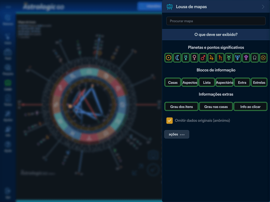 Painel da Lousa para escolher planetas e pontos, blocos de informação e dados extras do mapa.