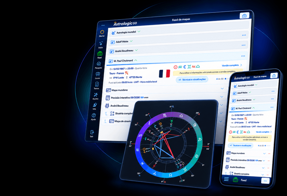 Feed de mapas do Astrologic Go aberto em computador, tablet e celular.