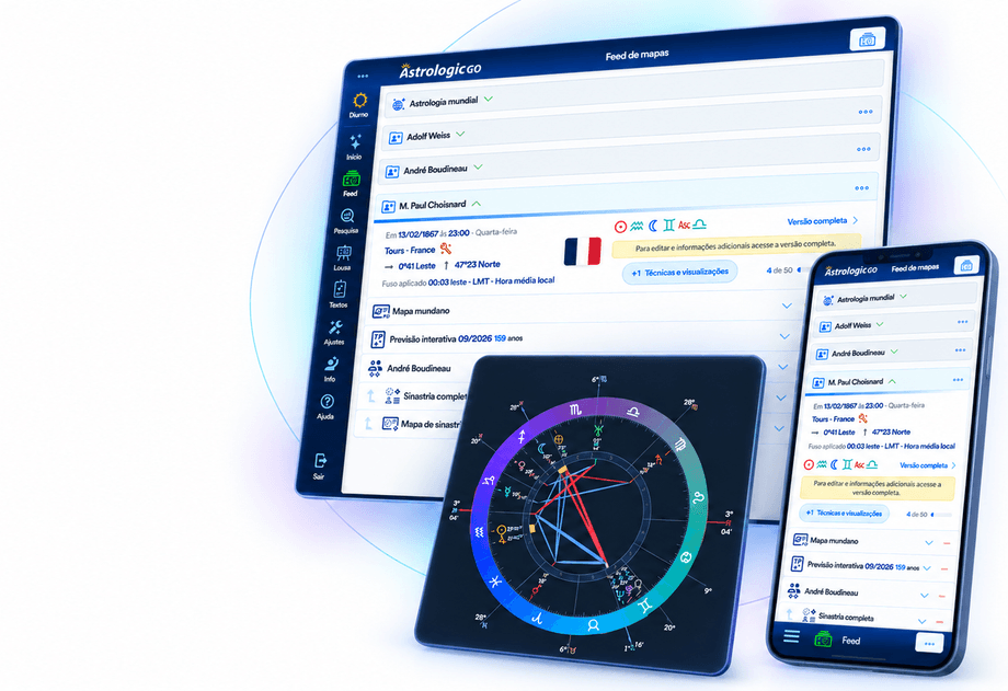 Feed de mapas do Astrologic Go aberto em computador, tablet e celular.