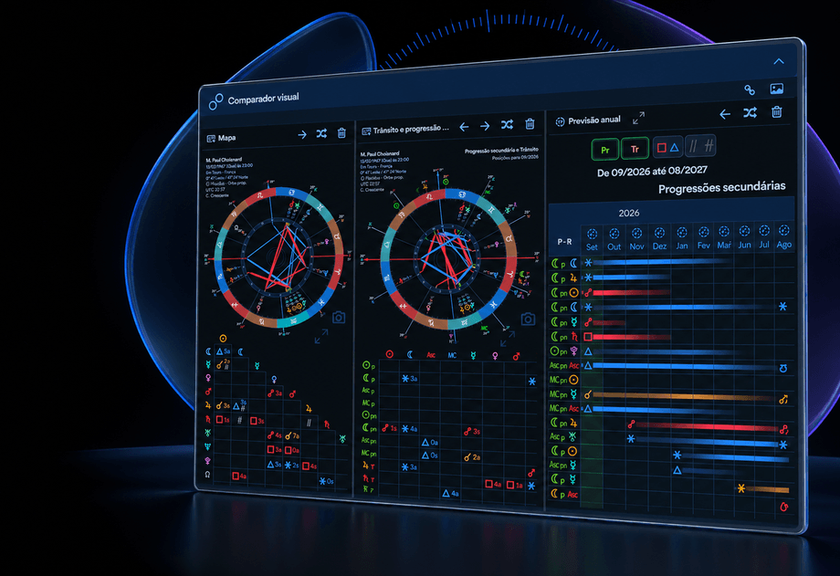 Comparador visual do Astrologic Go com mapas e previsão na mesma tela.