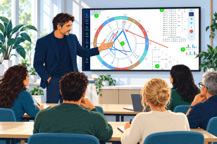 Astrólogo dá aula apresentando um mapa na Lousa de mapas, projetada na tela da sala, enquanto os alunos acompanham e anotam.